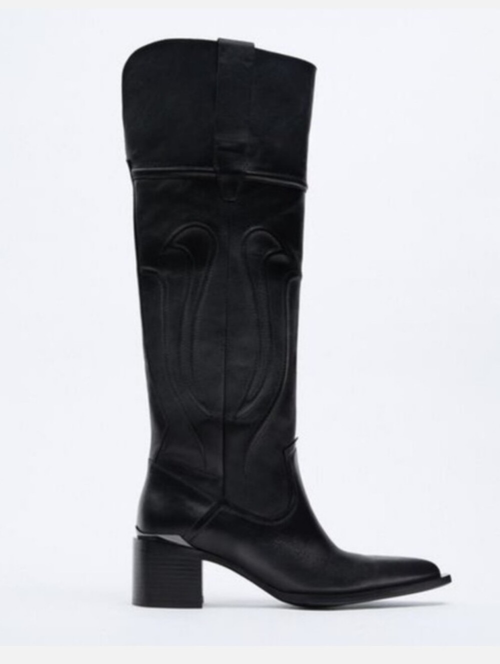Zara black leather knee-high cowboy Western boots Size 38 7.5 - Picture 4 of 9